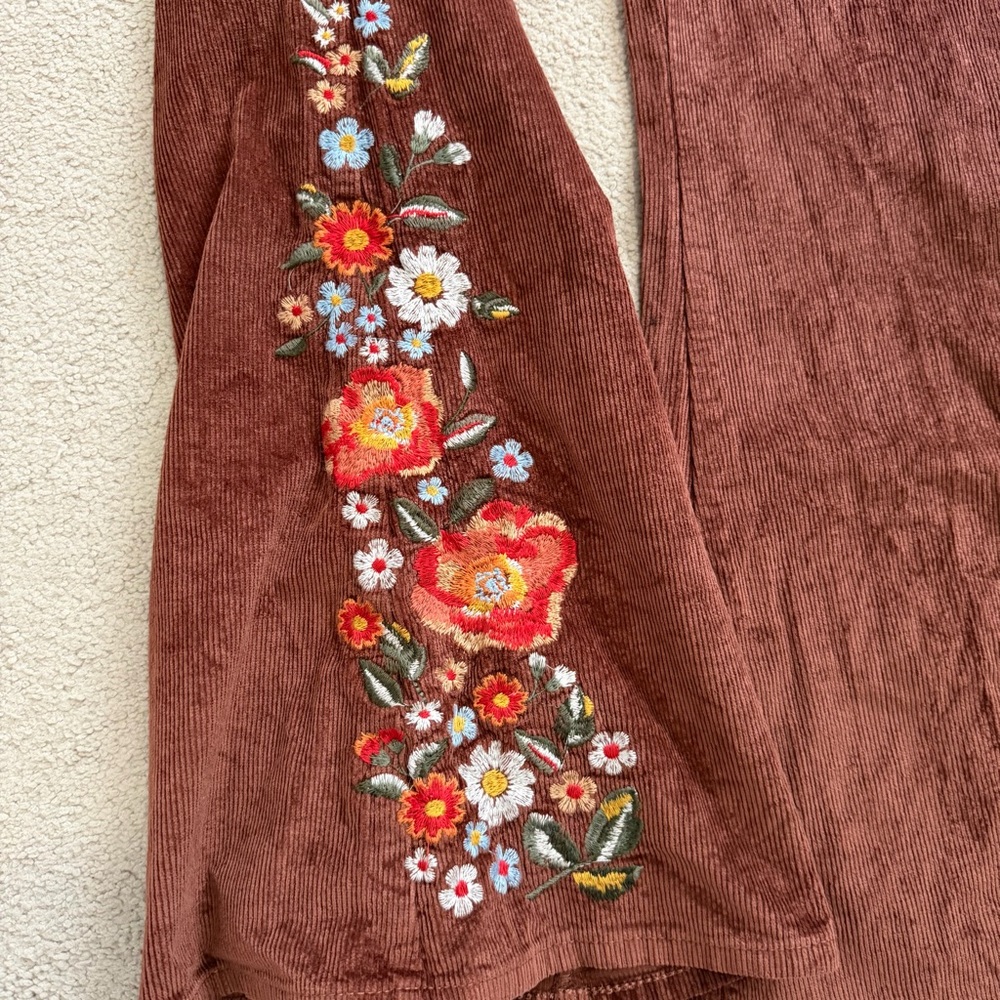 Altar'd State Emmaline Embroidered Corduroy Pants Flare Bell Bottom Sz 28 Boho - Picture 4 of 7